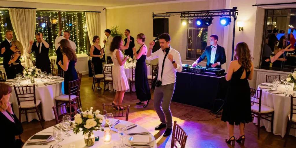 Hochzeit DJ Berlin Brandenburg creating an unforgettable wedding dance atmosphere with vibrant lighting and joyful guests.