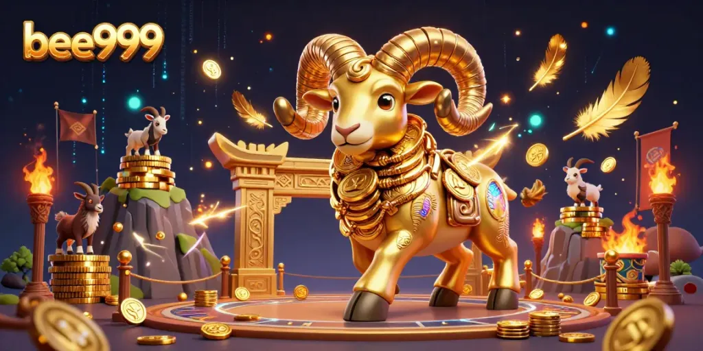Watch the thrilling action unfold at bee999 with a charging ram and festive casino elements!