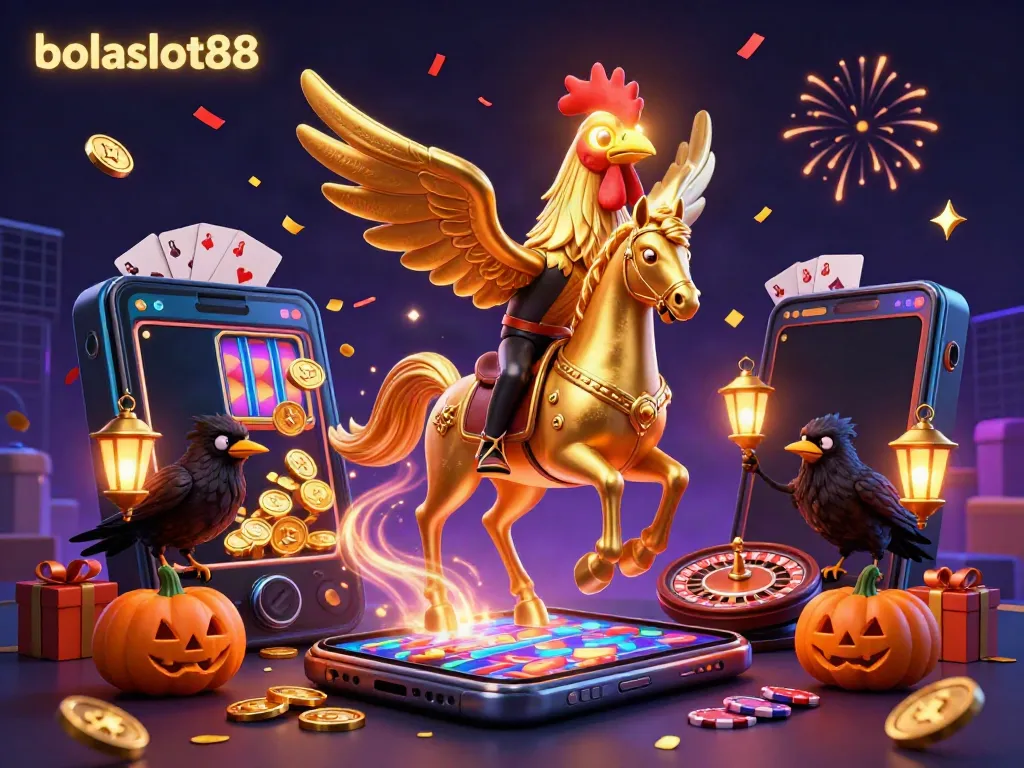 Experience the thrill of bolaslot88 with a golden rooster riding a spectral horse in a dazzling casino scene.