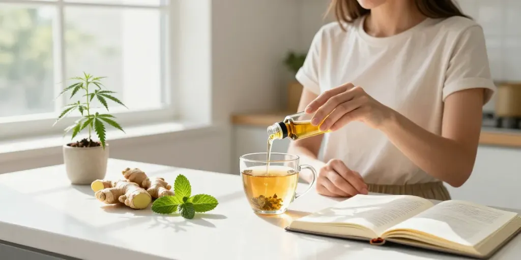 sg lana CBD oil integration in a wellness routine with herbal tea and fresh ingredients.
