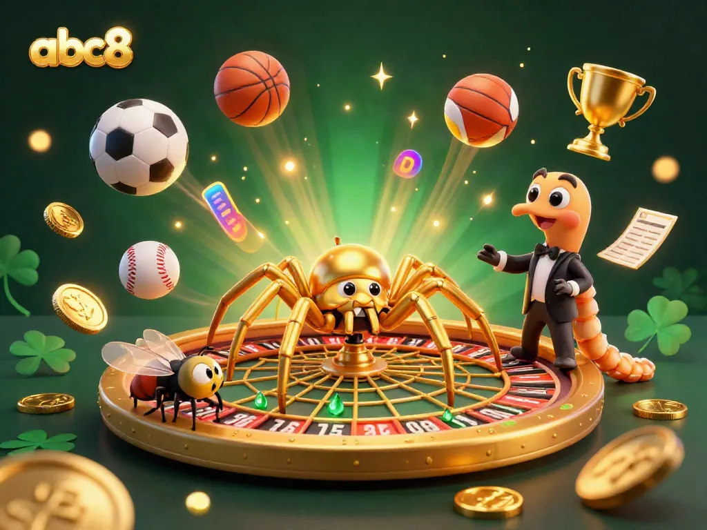 Experience thrill with abc8 as a golden spider spins a roulette web while bets are placed in a vibrant casino scene.