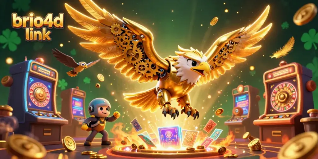 Experience the thrill of brio4d link as a cybernetic eagle dives through holographic slot reels and casino tokens.