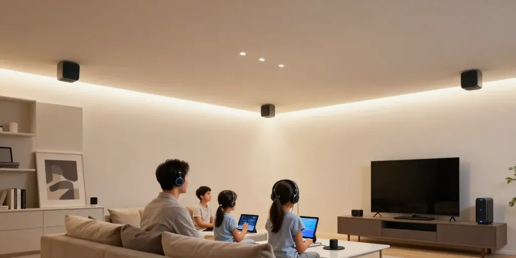 Enjoying smart ceiling speakers in a modern living room with vibrant sound.