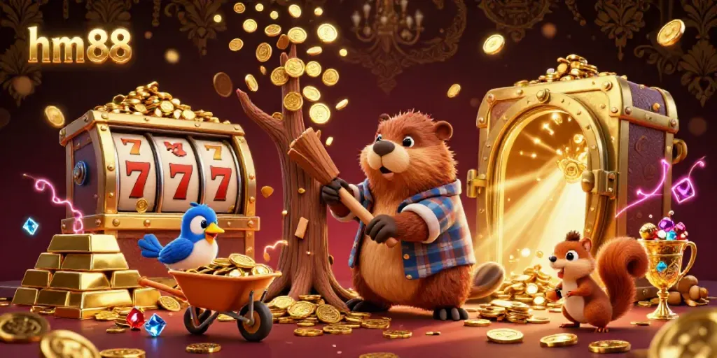 Experience the excitement at hm 88, where vibrant casino elements and gold coins create a rich gaming atmosphere.