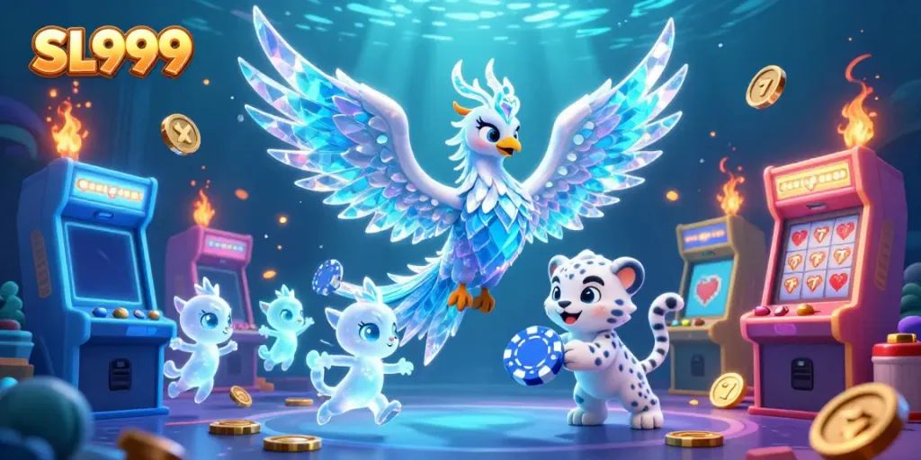 Engage in exciting gameplay with SL999's vibrant casino-themed digital illustration featuring an ice phoenix and lively characters.