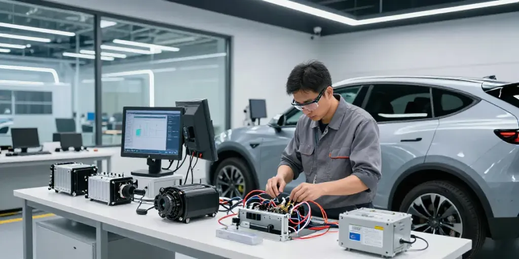 Link Super33 being utilized in a high-tech automotive workshop for electric vehicle repairs.