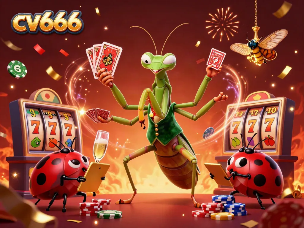 Engaging cv666 casino scene with a giant mantis dealing cards and vibrant slot machines.