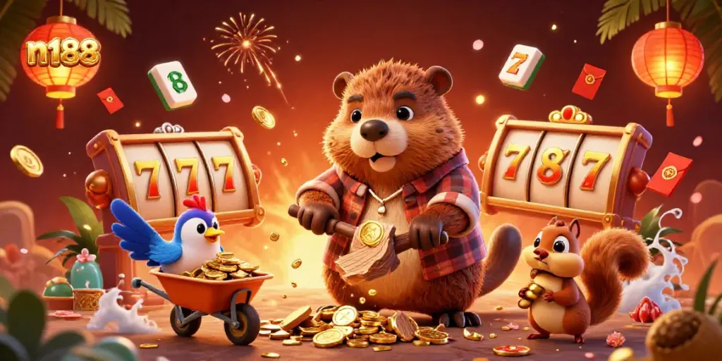Experience the thrill of n188's casino world with a cartoon lumberjack beaver amidst gold coins and slot reels.