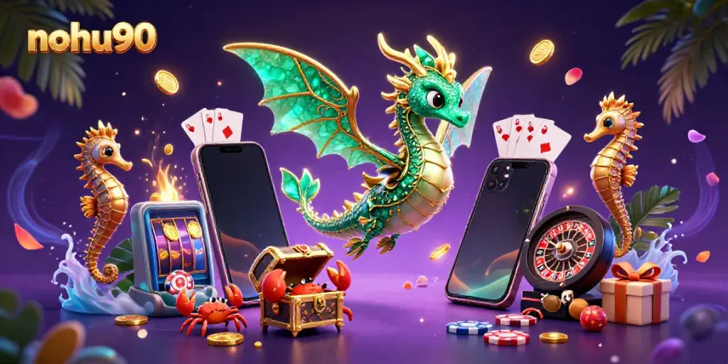 Engage with nohu90's vibrant casino world featuring a majestic sea dragon and enchanting slot games.