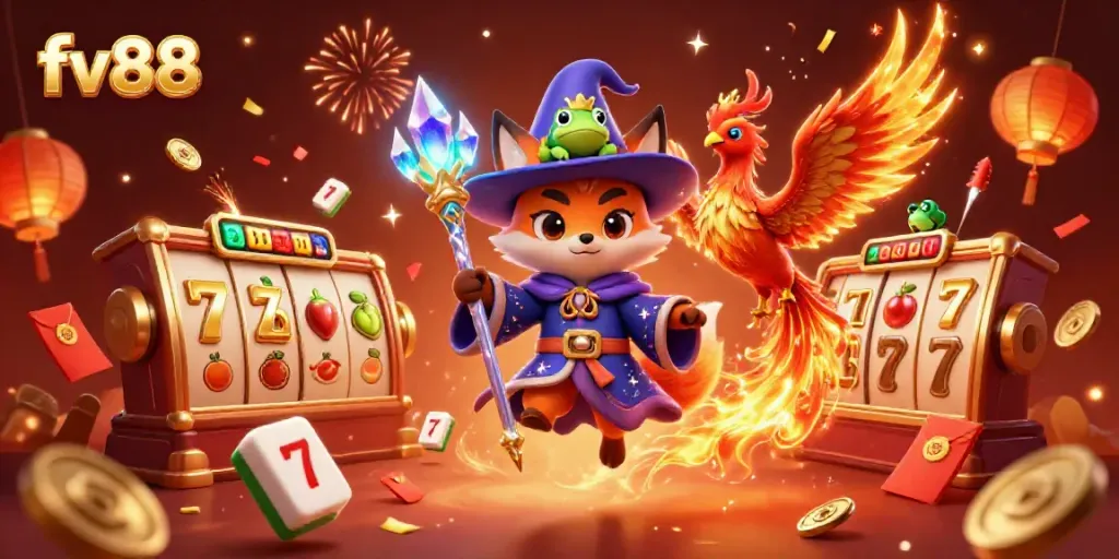 Experience the thrill of fv88 with vibrant casino-themed visuals including dynamic characters and lucky symbols.