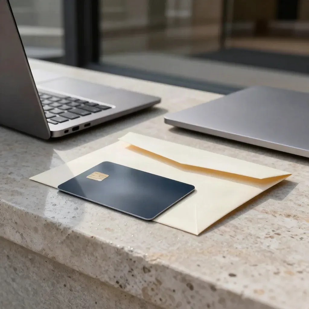 Graphite payment card, terminal, laptop edge, and invoice envelope on rain-wet stone in dramatic light.