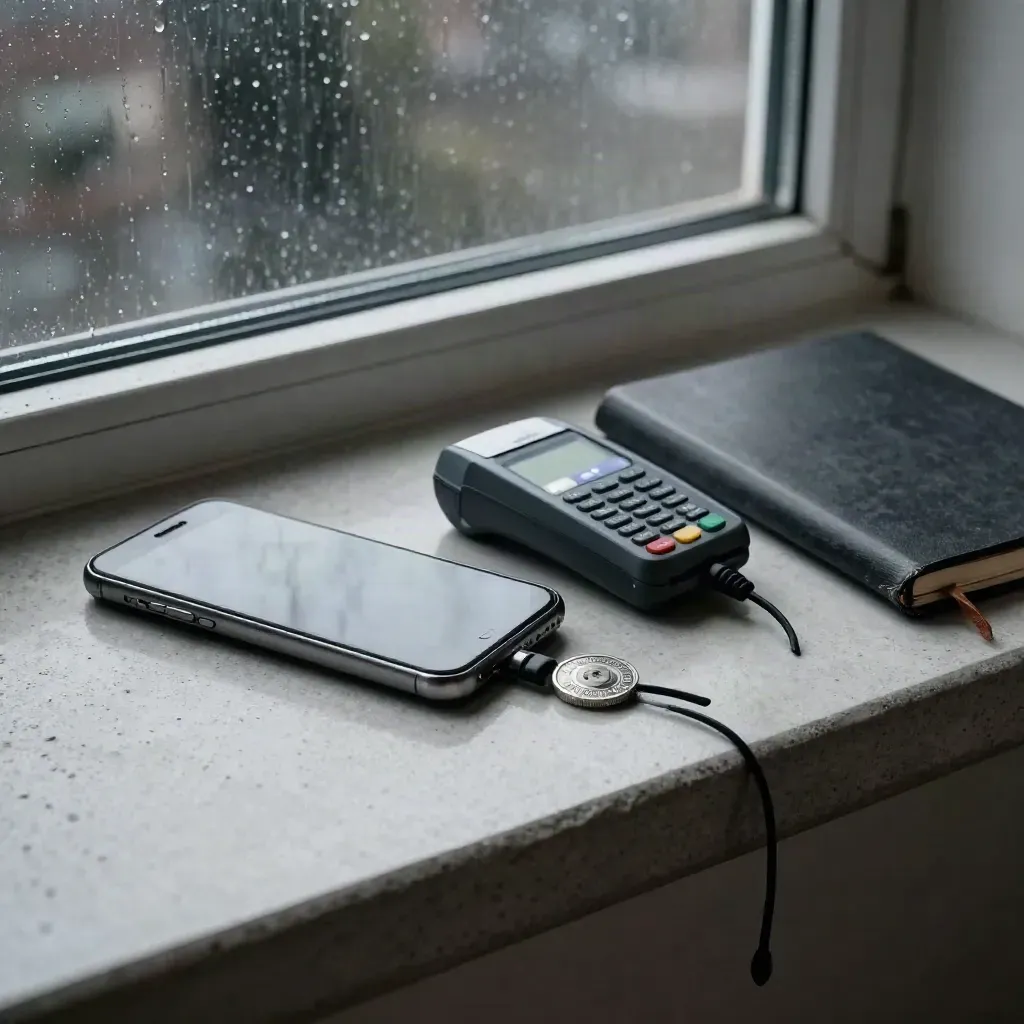 Night-shift payment tools on a stormy ledge, lit by one white alert LED.