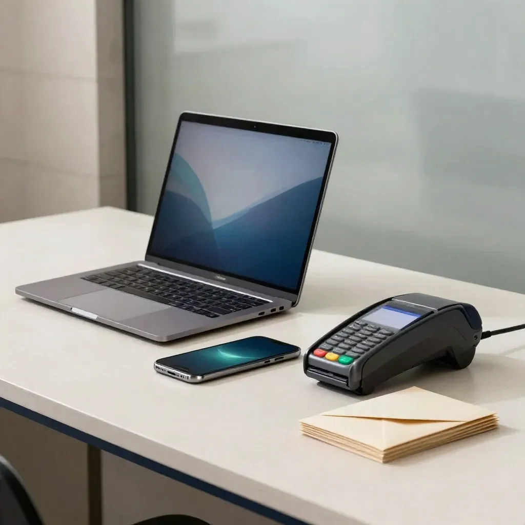 Laptop, phone, terminal and envelopes on a pale plaster desk in a quiet fintech office