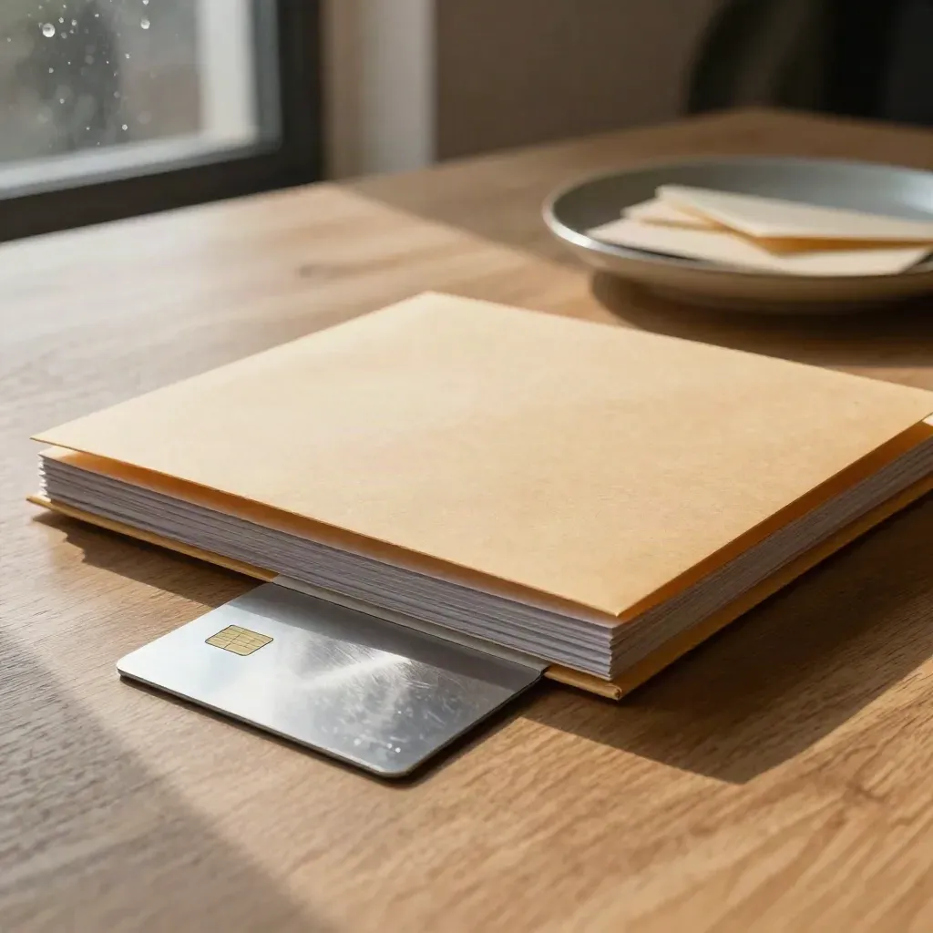 Invoice folder, debit card, ceramic tray, and envelope on pale oak in warm rain-lit room.