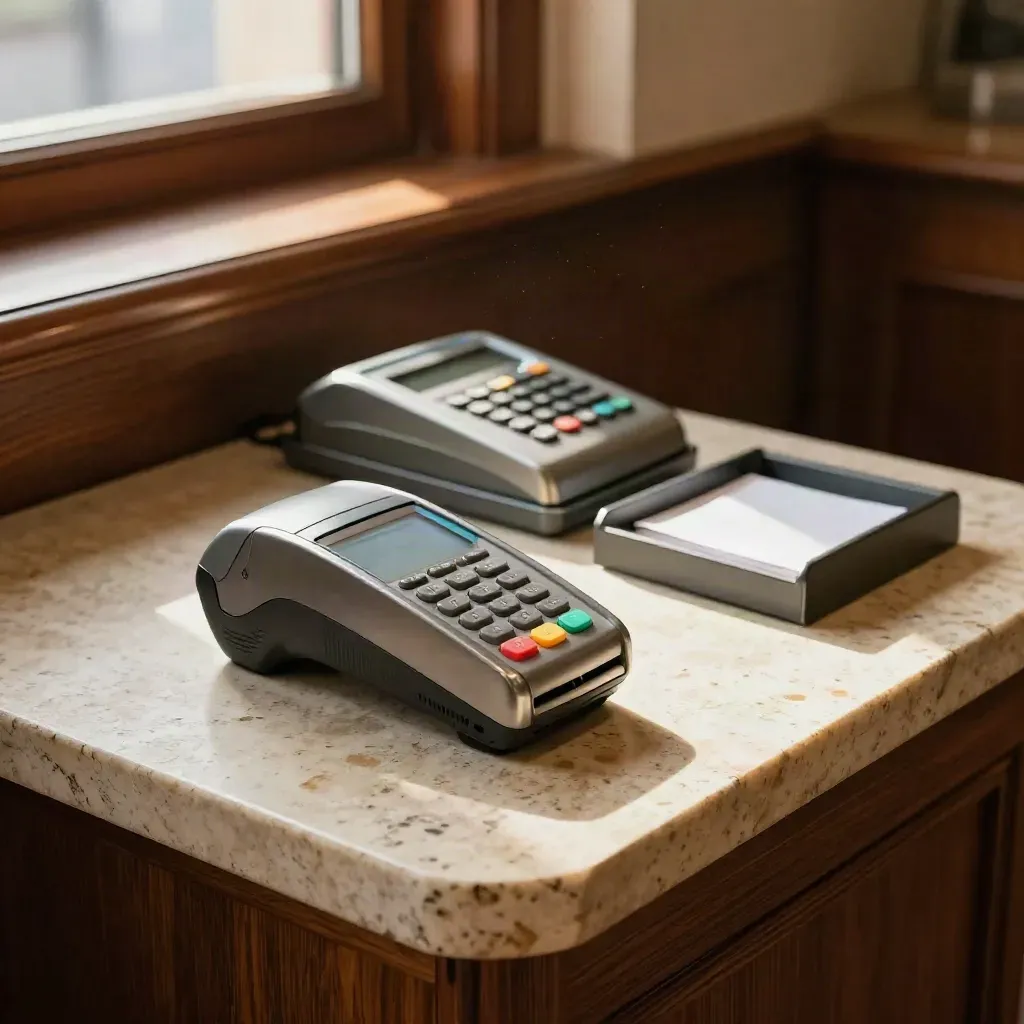 Checkout reader and keypad on travertine desk in warm late-afternoon light
