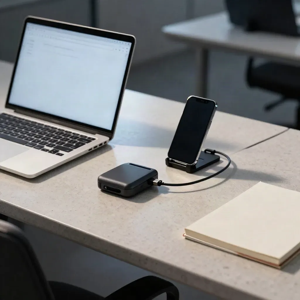 Over-shoulder view of a laptop, card reader, phone stand and notebook on a travertine developer bench.