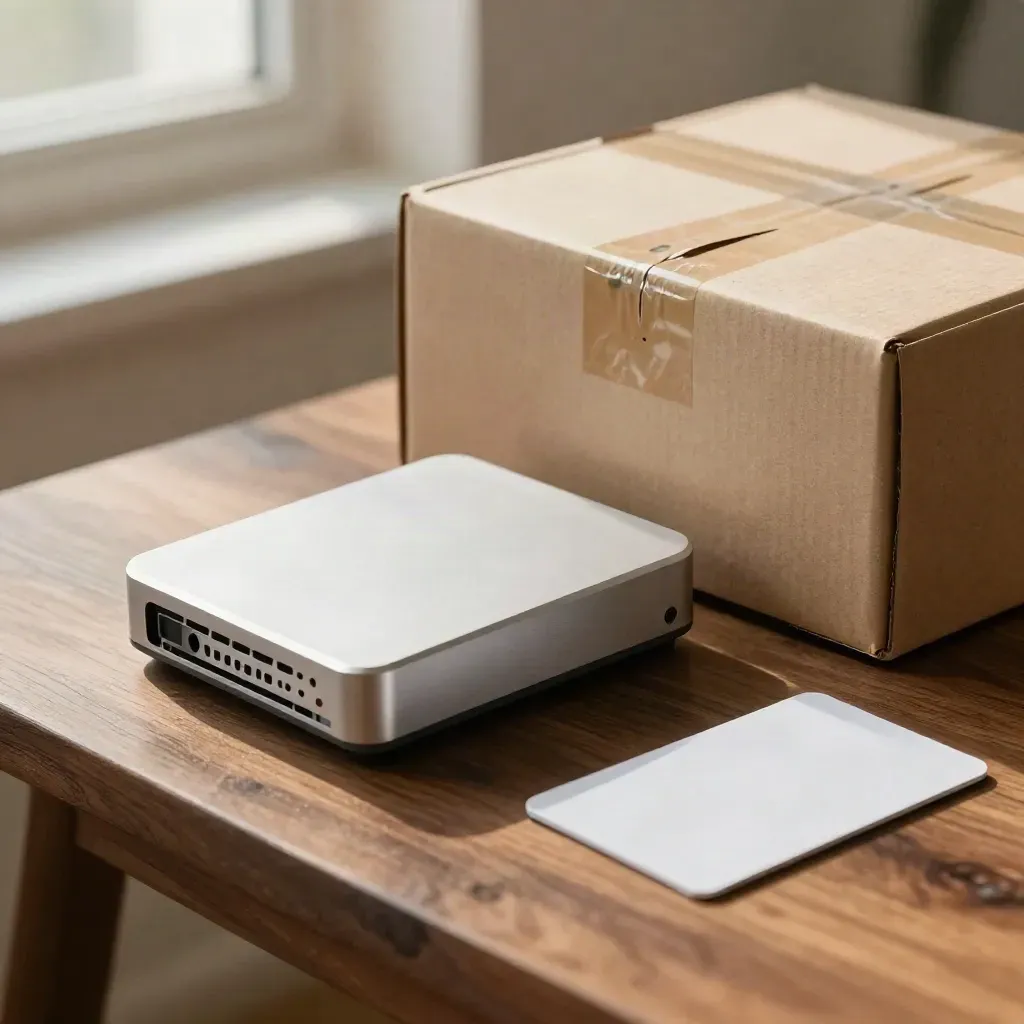 Macro of a new payment terminal, open shipping box, packing paper and white card on a walnut bench.