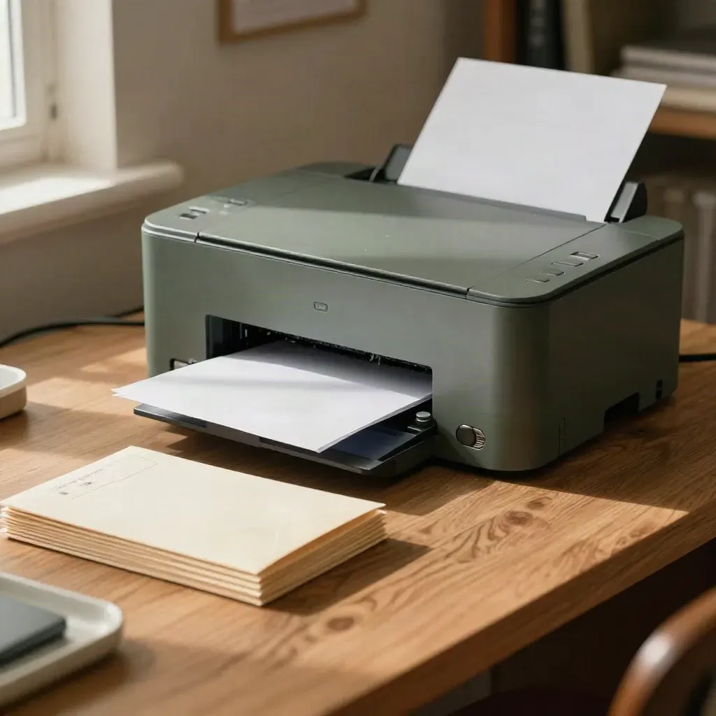 Printer, cream invoice envelopes and ceramic tray on warm wood in soft daylight