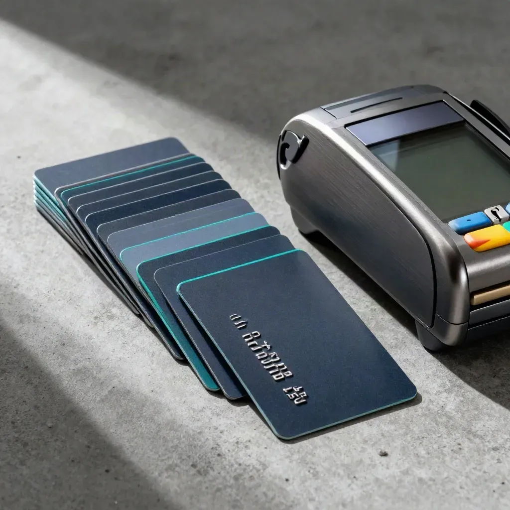 Top-down payment cards, terminal and lockbox on graphite concrete, one card tilted aside.