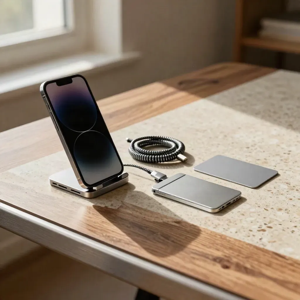 Checkout API kit on a travertine startup table with phone stand, cable coil, and blank card.
