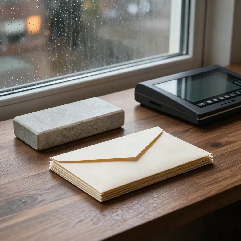 Rainy finance desk with envelopes, paperweight, and dormant terminal by a window