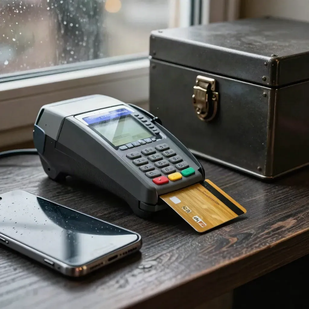 Payment card beside terminal and locked phone on dark wood in rain-lit tension