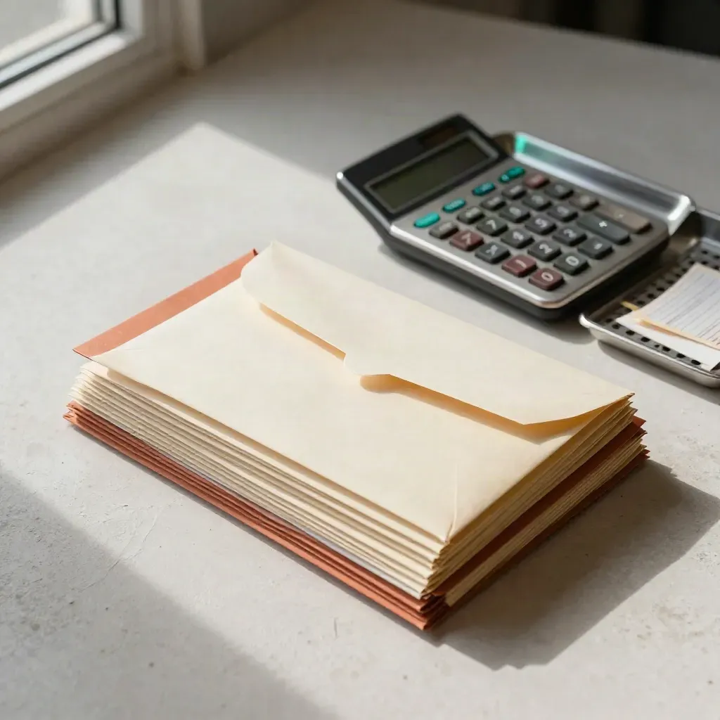 Payout envelopes, calculator, and metal tray on plaster desk in diagonal daylight.