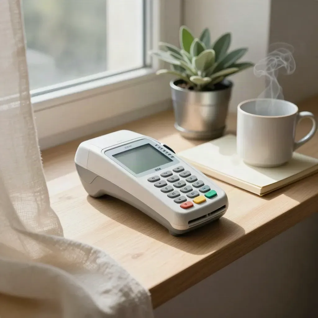 Compact payment terminal, notebook, plant and mug on pale wood in warm morning light.