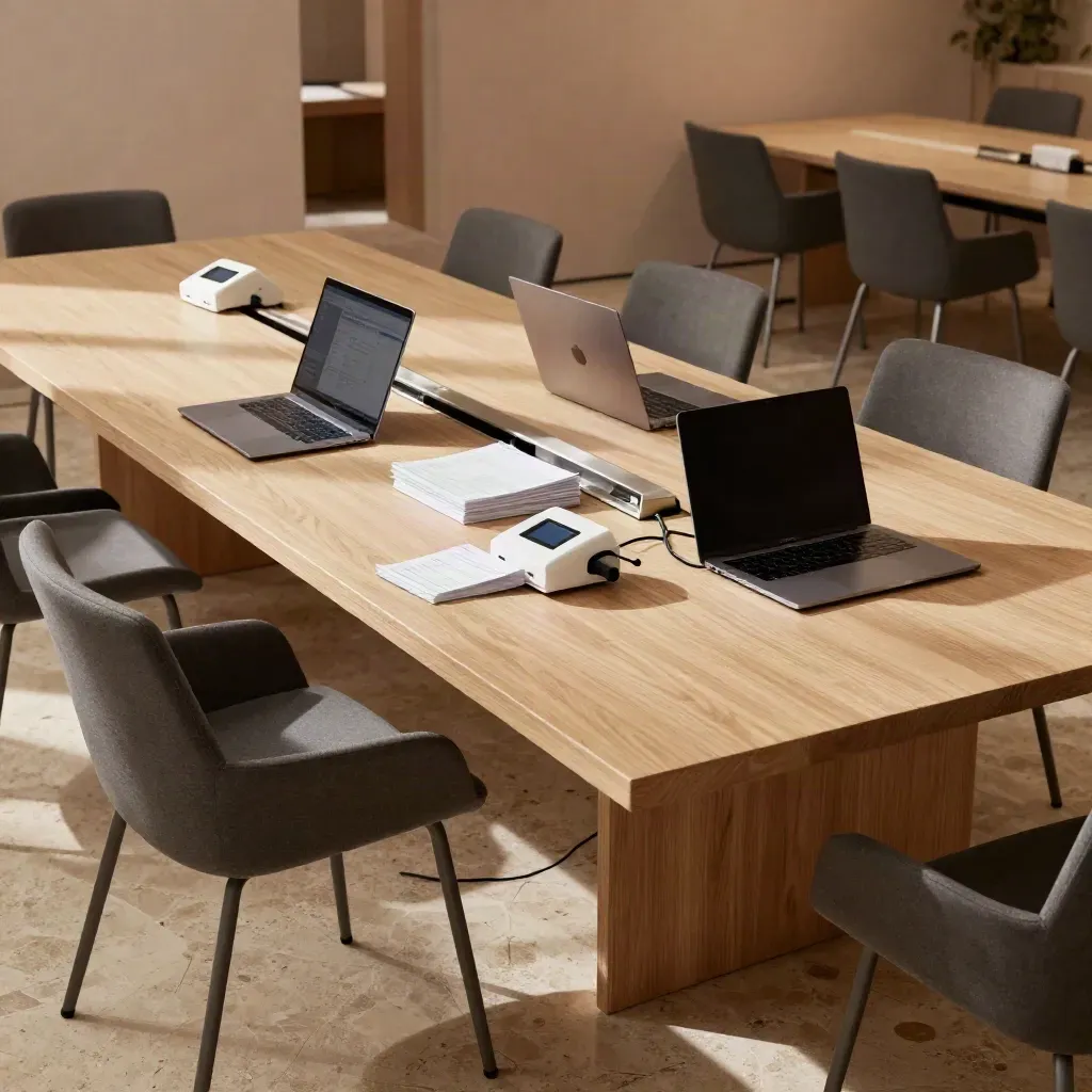 High-angle office scene with laptops and payment terminals around a long table.
