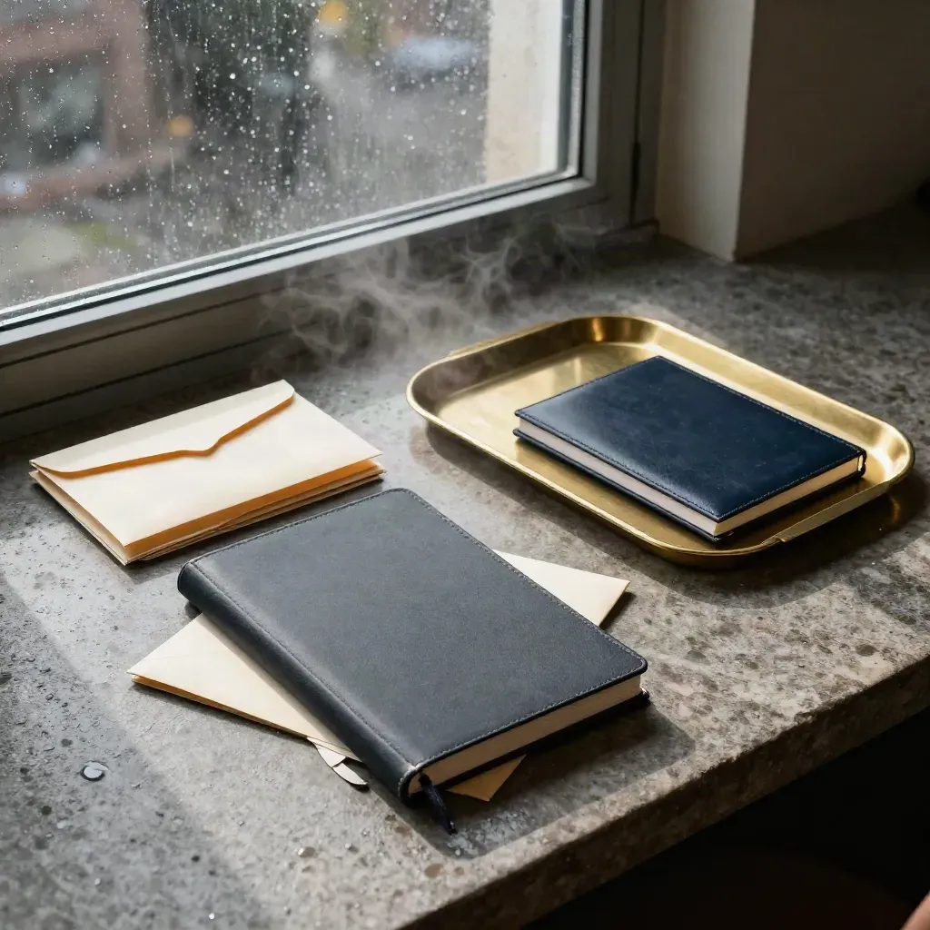Overhead view of notebooks, transfer envelopes and brass tray on a rain-cool desk by a misted window.