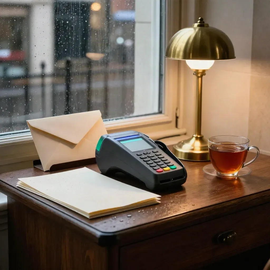 Compact London billing desk with terminal, envelopes, lamp, mug, and rain on the window.