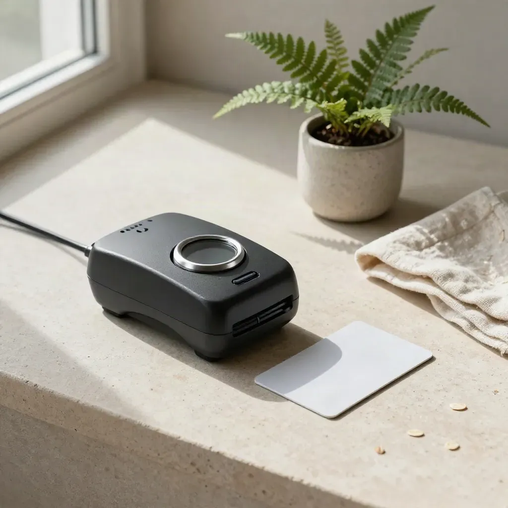 Black contactless card reader beside a blank card, fern, and linen cloth on pale stone.