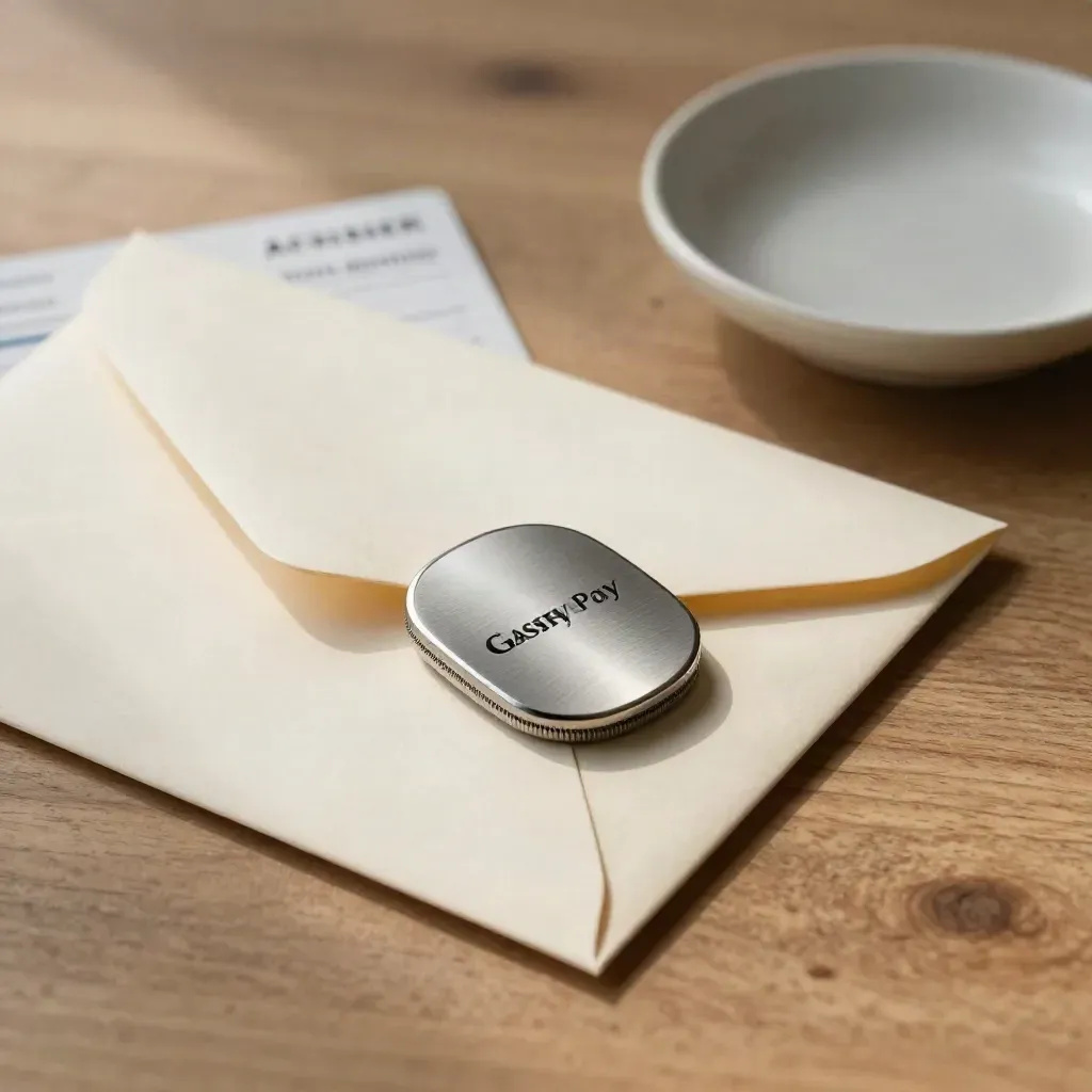 Overhead flatlay of a metal transfer token, cream envelope and ceramic dish on warm oak