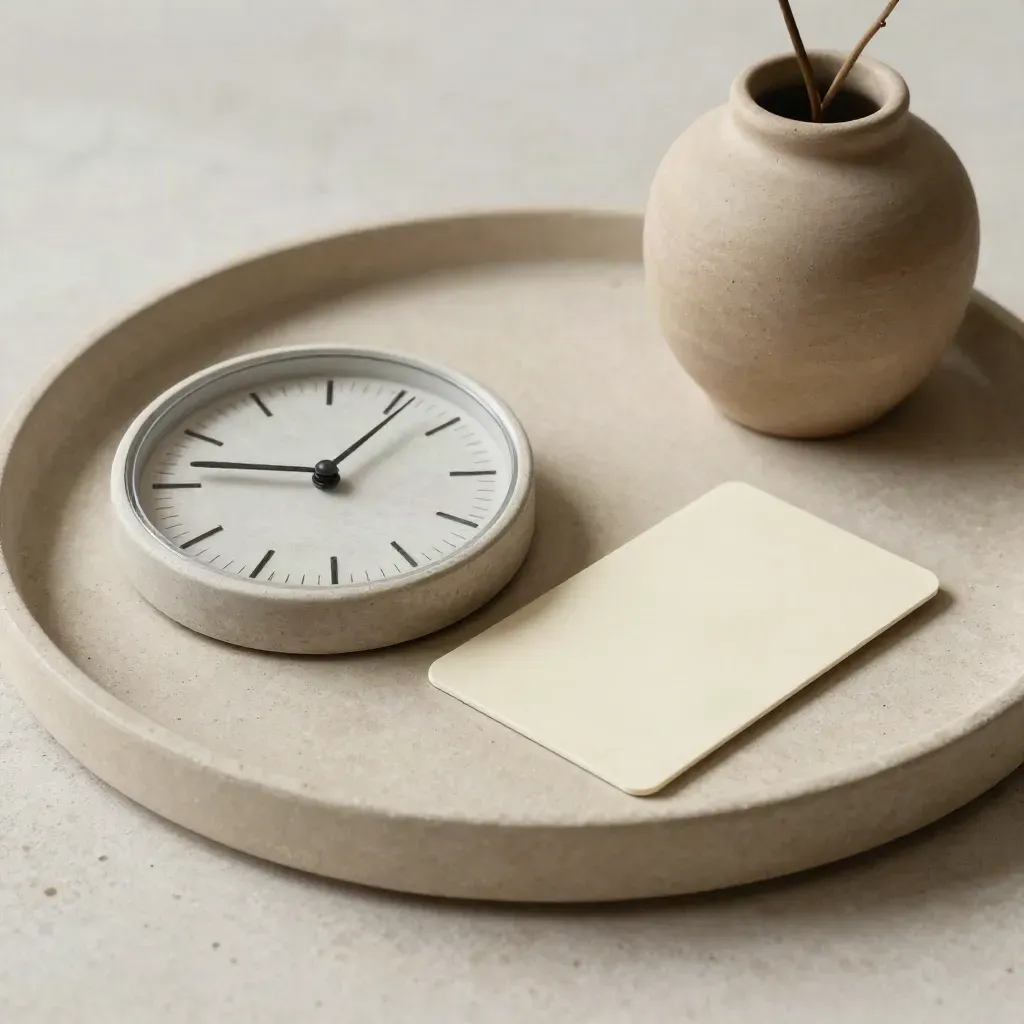 Minimal time dial, folded payment card, and potted stem on a plaster tray in soft side light.