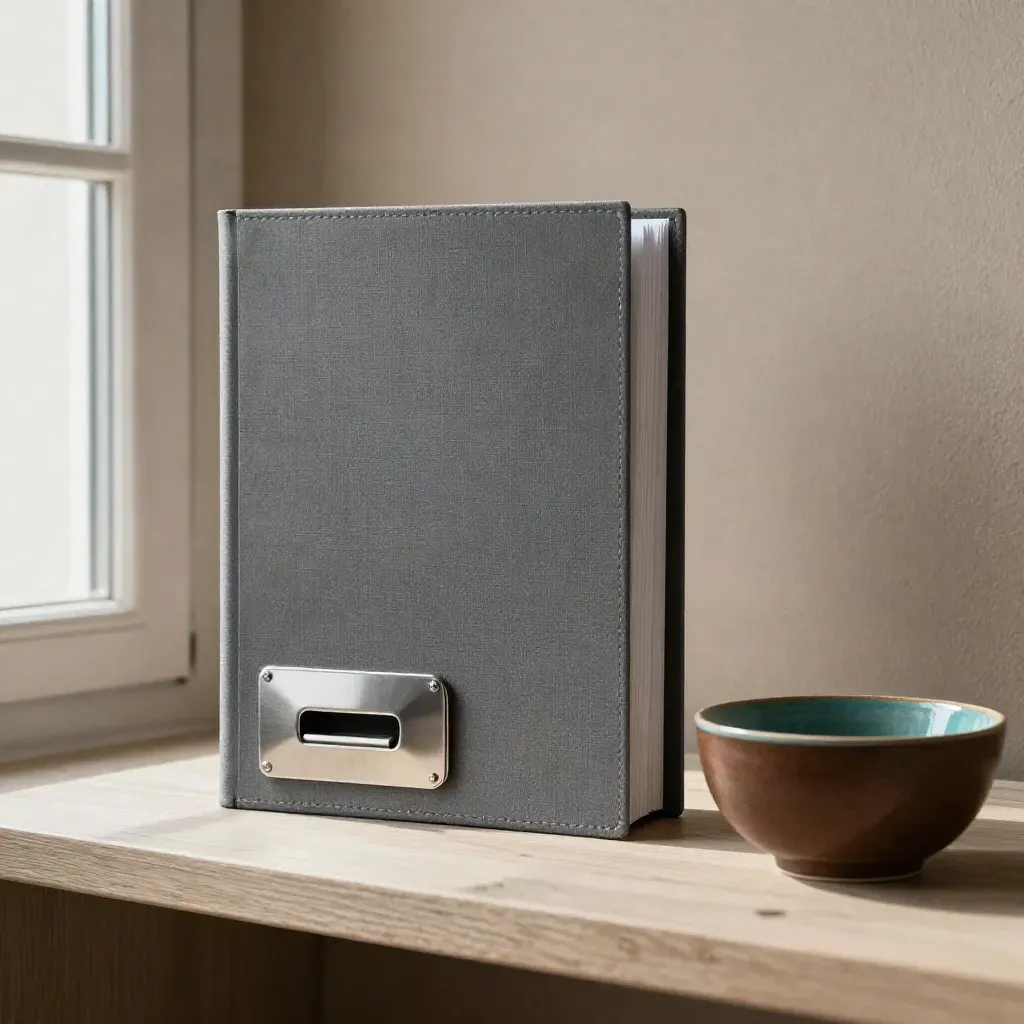 Closed report binder with paperweight and ceramic bowl on pale wood in soft morning light.