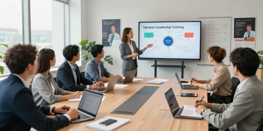 Leadership training for organizations in a modern conference room, showcasing teamwork and collaboration during a workshop.