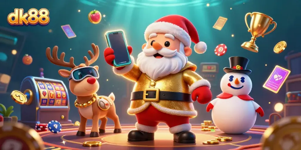 Spin the jackpot wheels at dk88 with festive characters and dynamic casino elements.