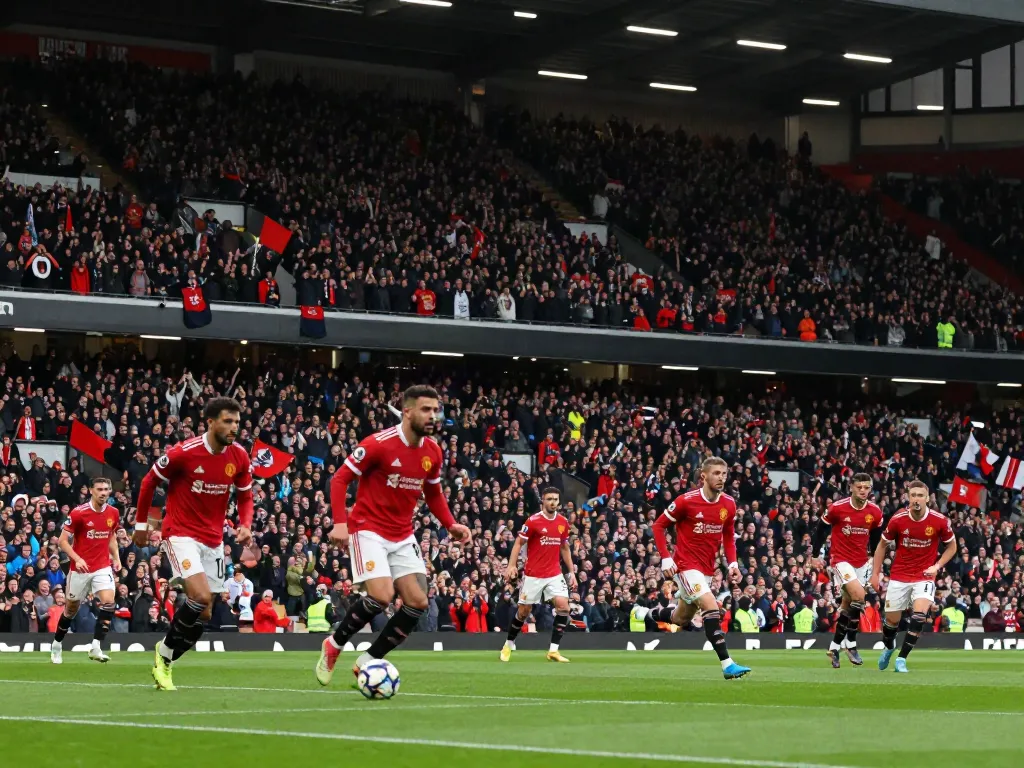 Exciting moment during แมนฯยูไนเต็ด vs ลิเวอร์พูล match with players in action and enthusiastic fans.