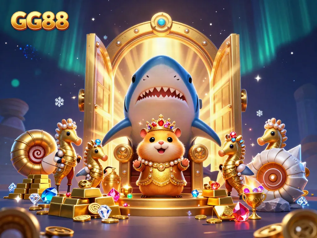Experience thrilling bets at GG88 with a majestic hamster king on a megalodon throne amidst treasure!