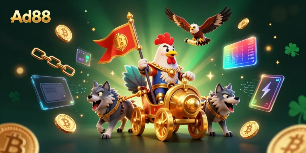 Ad88 offers thrilling casino experiences with vibrant 3D characters and digital elements representing online gambling excitement.