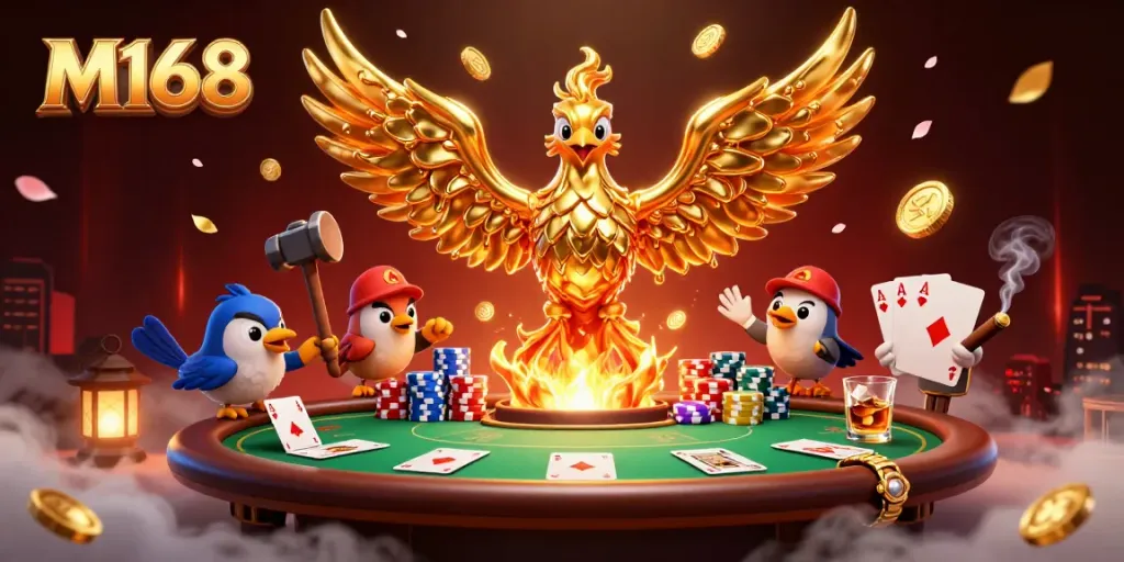 Engage with the thrilling essence of M168 as molten gold coins hover around a phoenix in a casino scene.