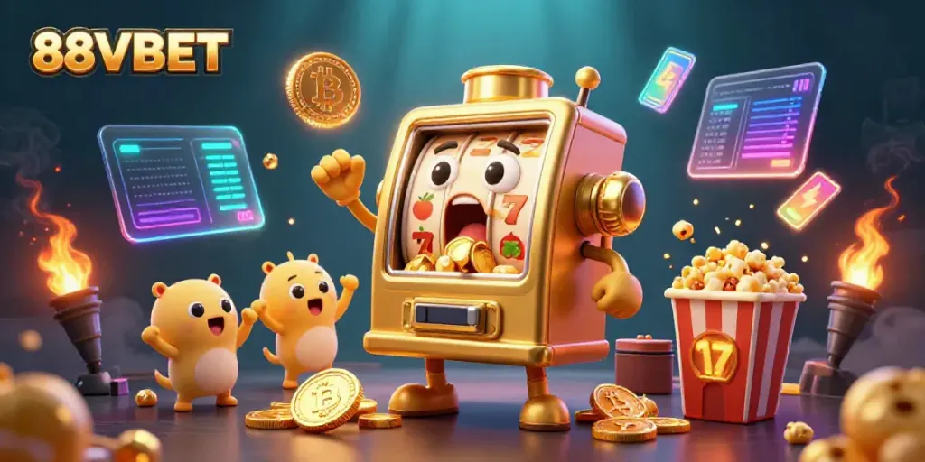 88VBET slot machine hits jackpot, surrounded by glowing crypto coins and cheering baby slots.