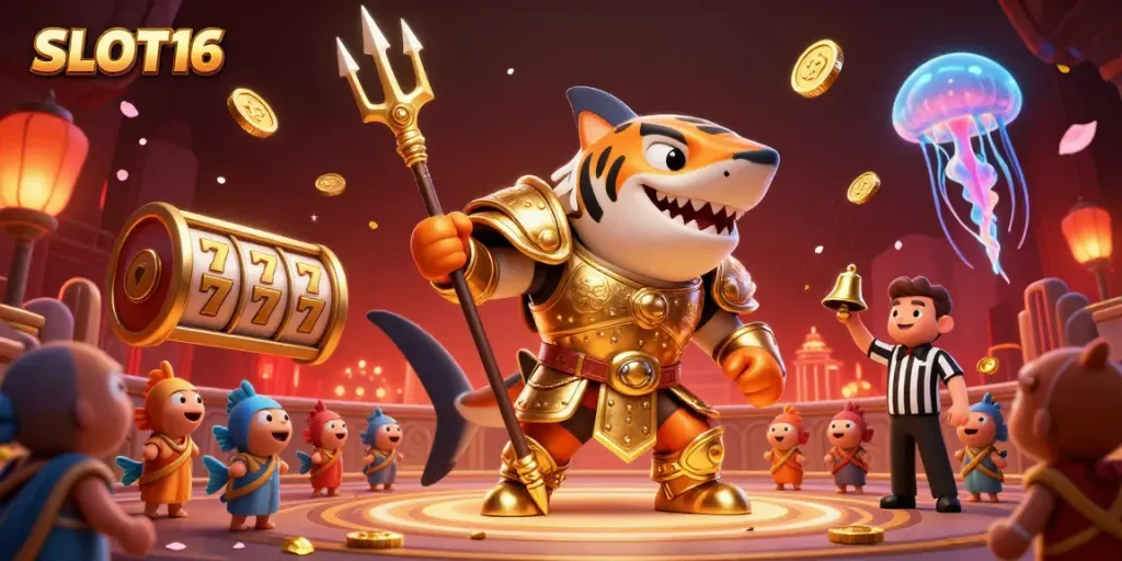 SLOT16 showcases an underwater colosseum scene with a tiger shark and festive elements celebrating winning jackpots
