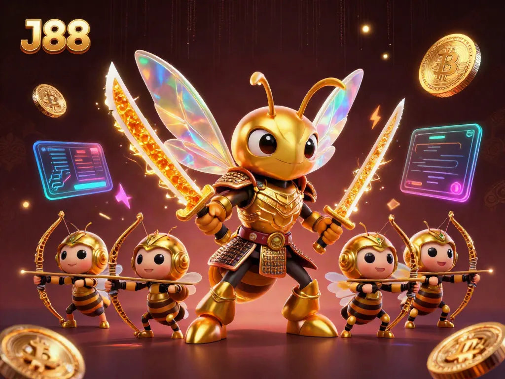 Engage with the vibrant J88 illustrated scene featuring a golden hornet in samurai armor and cryptocurrency elements.