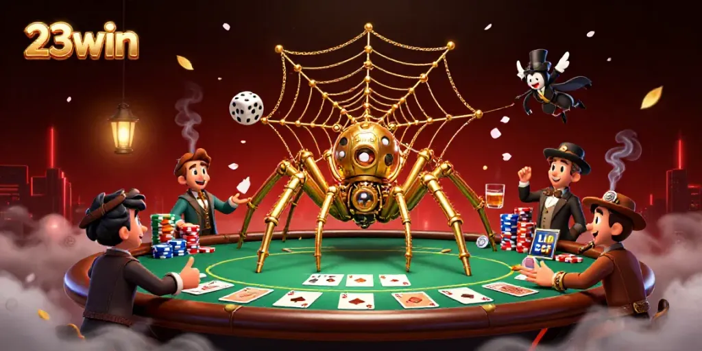 Experience thrilling gameplay with 23win in this vibrant steampunk casino scene featuring a golden spider.