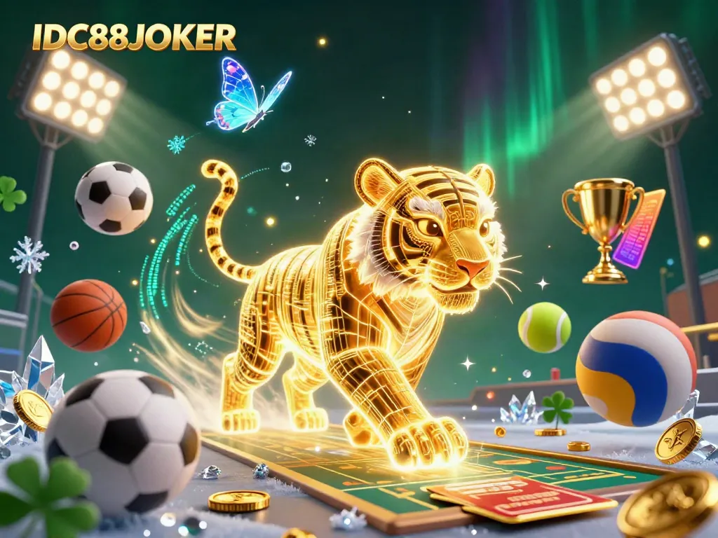 Experience the thrill with IDC88JOKER's dynamic digital casino scene featuring a golden tiger.