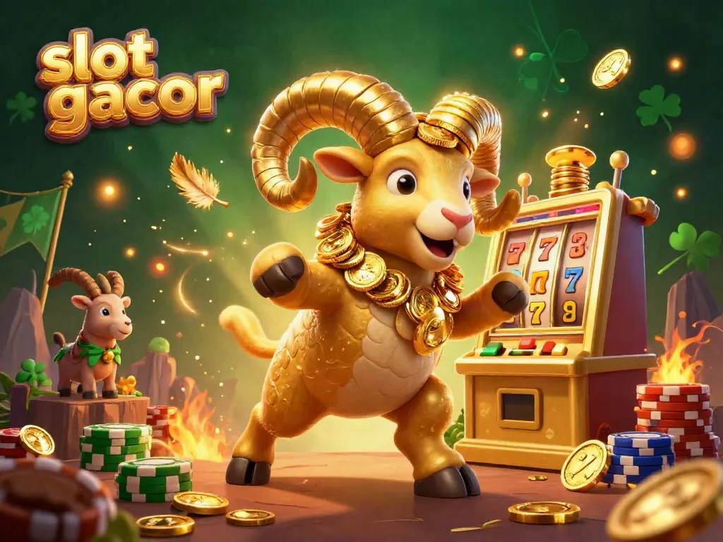 Experience the thrill of a dynamic 'slot gacor' scene with a massive golden ram charging towards a slot machine, surrounded by cheering mountain goats.