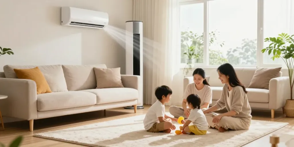 Comfortable home with mini split ac unit cooling the living space while family enjoys quality time together.