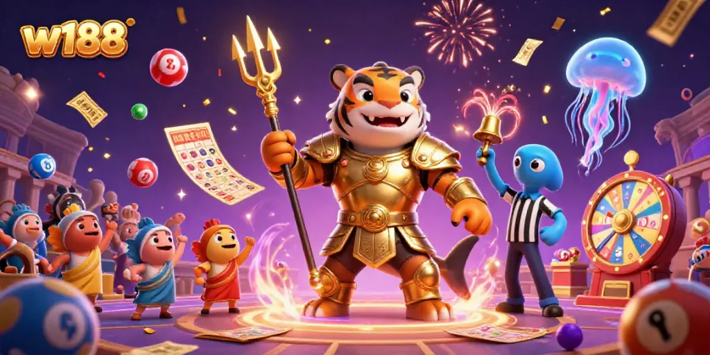 Experience the excitement of w188 with a vibrant underwater casino scene featuring dynamic lottery action.