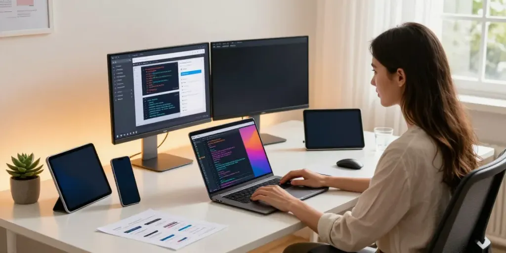 Young woman coding APK files in a modern home office.